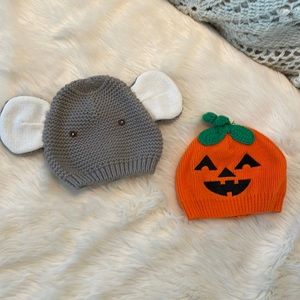 Two infant knit hats/beanie. One Halloween pumpkin hat and one grey with ears!